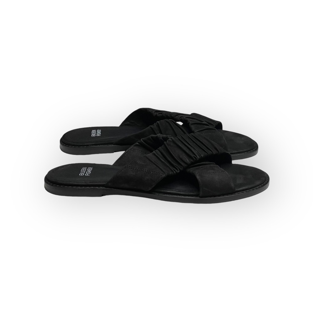 new Eileen Fisher  Cross Slide Easy to Wear Flat Leather Sandal  Black  9M - Picture 2 of 16